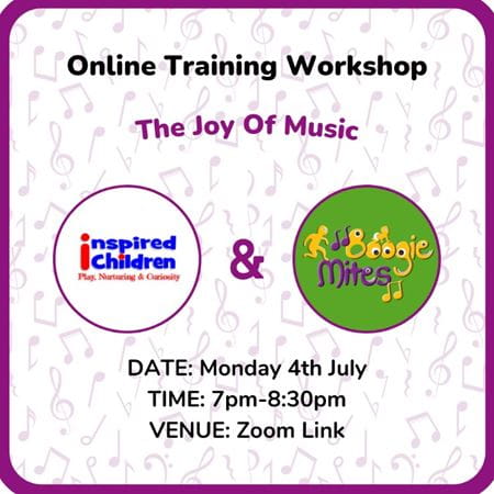 Poster to promote early years music provider Boogie Mites' online training workshop