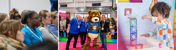 3 column image of photos taken at a Childcare and Education Expo event - photo of someone sitting in a seminar, photo of Morton Michel's mascot bear opening the show with Morton Michel team and special guest Ben Faulks, photo of toddler playing with colourful blocks