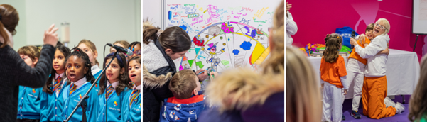 3 column image of photos taken at a Childcare and Education Expo event - photo of group of primary school children singing, photo of adult and child colouring in at a colouring wall, photo of Action Amanda hugging child 