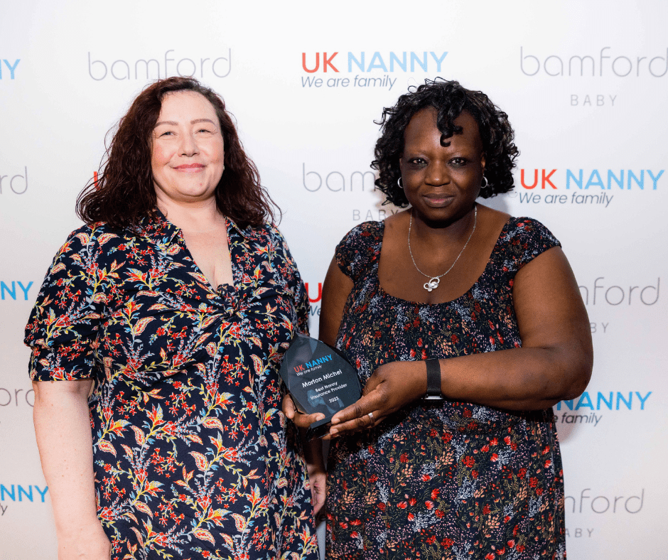 The members of the Morton Michel team holding their 'Best Nanny Insurance Provider' award at the UK Nanny Awards 2023 event 
