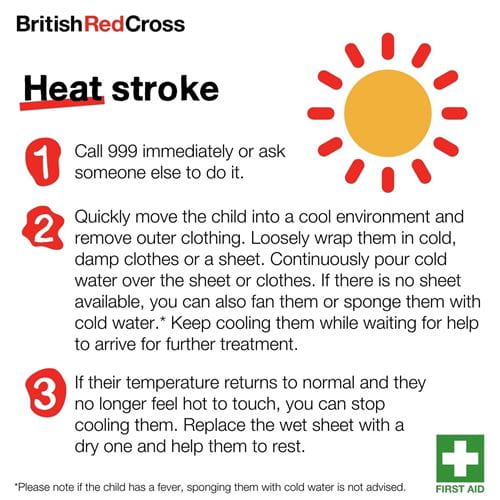 British Red Cross graphic listing first aid tips for heat stroke