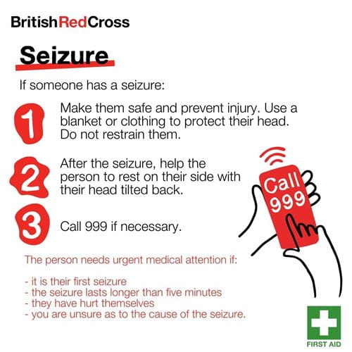 British Red Cross graphic showing 3 first aid steps to take if someone is having a seizure