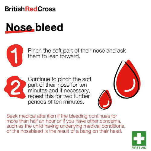 British Red Cross - graphic showing first aid tips a nosebleed