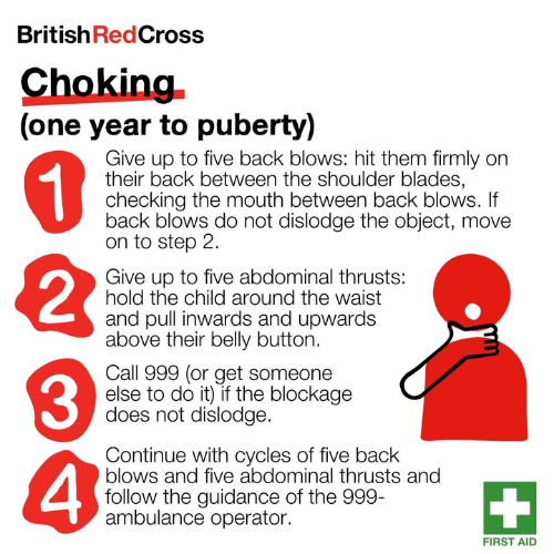 British Red Cross - graphic showing first aid tips for someone who is choking and is 1 years old through to puberty 